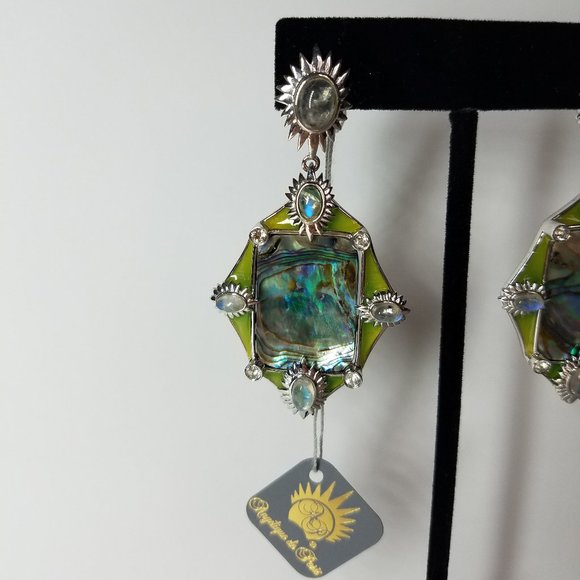 New Angelique de Paris Green Earrings with natural Stones and Mother of Pearl - Picture 6 of 12
